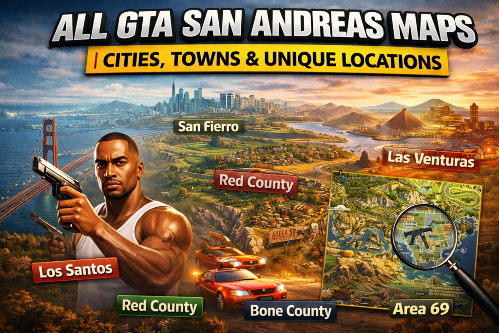 All GTA San Andreas Maps | Cities, Towns & Unique Locations 1 GTA San Andreas world map overview